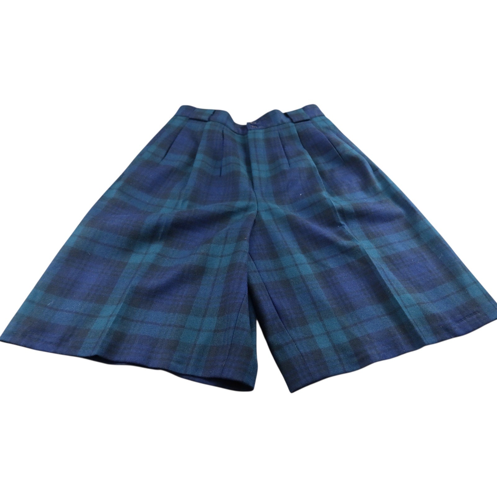 Vintage Giorgio Sant’Angelo Blue Tartan Plaid Merino Wool Pleated Shorts Size 10