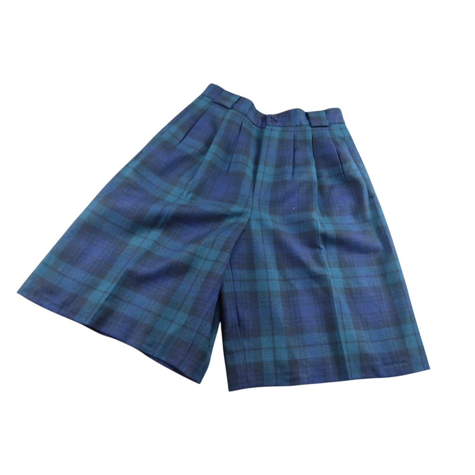 Vintage Giorgio Sant’Angelo Blue Tartan Plaid Merino Wool Pleated Shorts Size 10